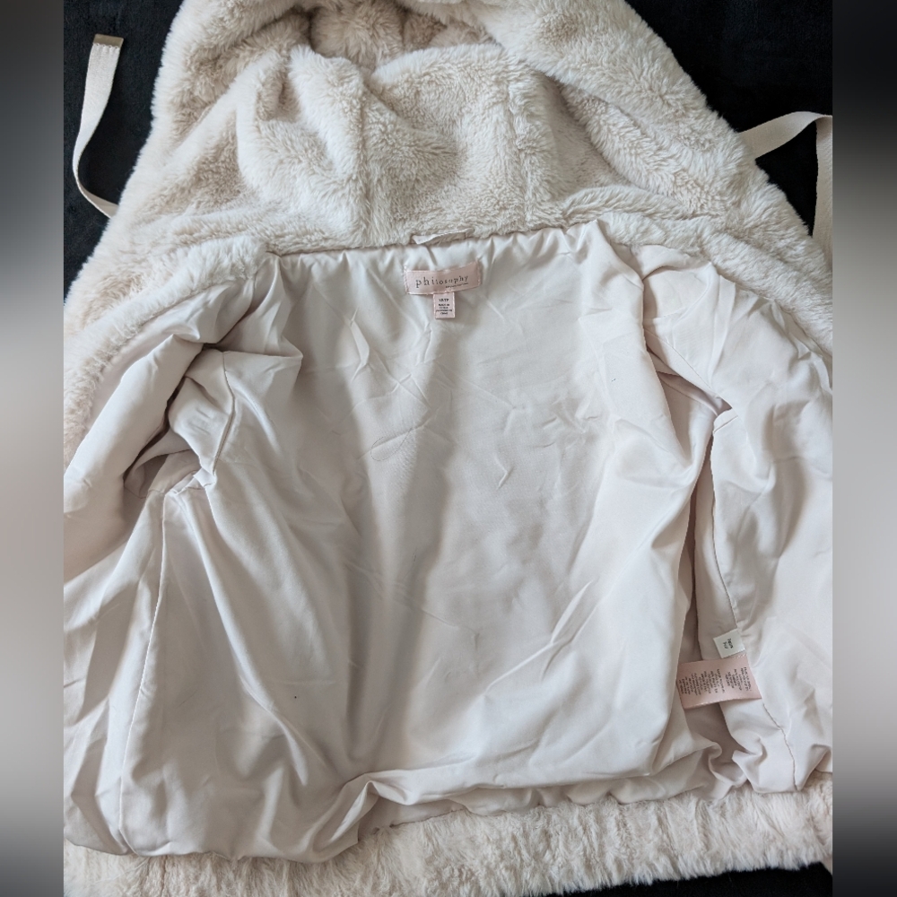 Faux Fur Hooded Cream Beige Cropped Jacket Elevated Loungewear Quiet Luxury XS image 5